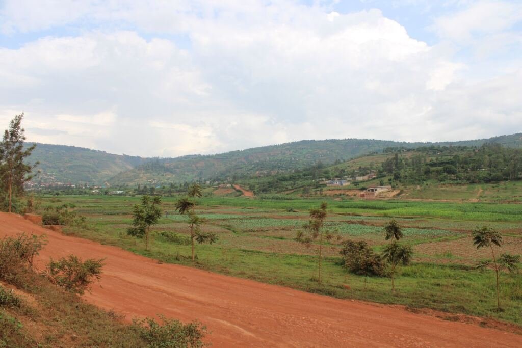 A red murram road running through green hills and farmland in Uganda