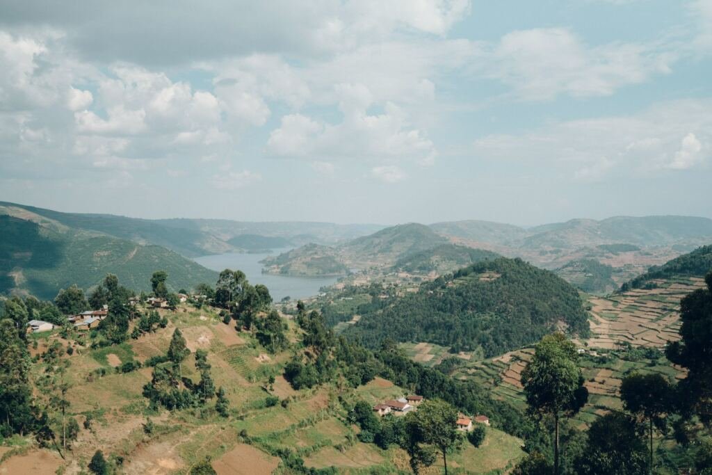 Terraced green hills and farmland in the western Uganda highlands